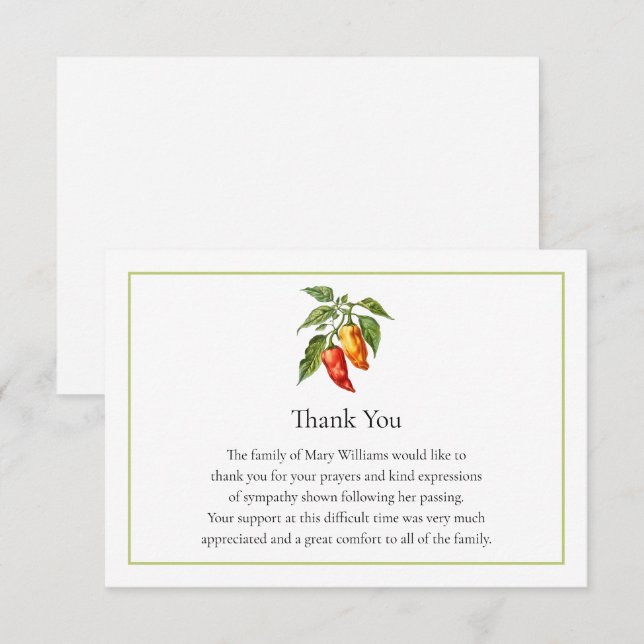 Funeral Memorial Chili Pepper Thank You Note Card (Front/Back)