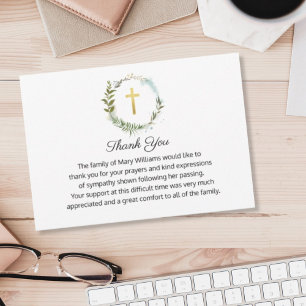 Funeral Memorial Gold Cross Wreath Thank You Card