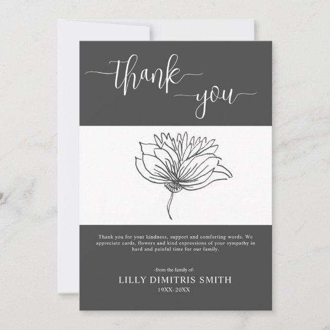 Funeral Memorial Grey Floral Thank you card (Front)