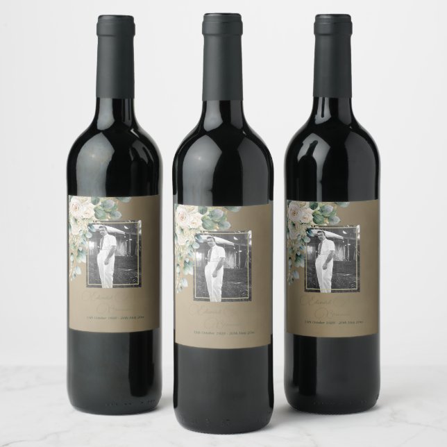 Funeral Memorial Male Photo Elegant Rose Brown Wine Label (Bottles)