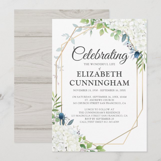 Funeral Memorial Modern Floral Geometric Woodsy Invitation (Front/Back)