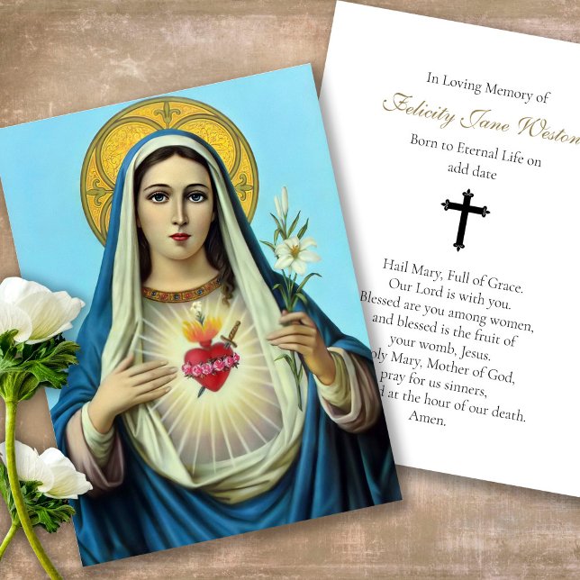 Funeral Memorial Mother Mary Prayer Sympathy Cards (catholic, religious, celebration of life, in loving memory of, prayer cards for bereavement)