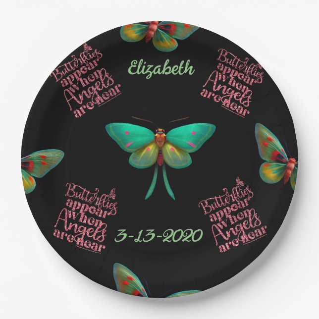 Funeral Memorial Personalized Butterfly Angels Paper Plate (Front)