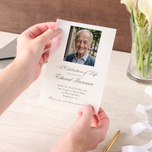 Funeral Memorial Photo Elegant  Vellum Invitations (Handheld)