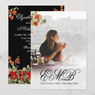 Funeral Memorial Photo Floral Black Celebration Invitation