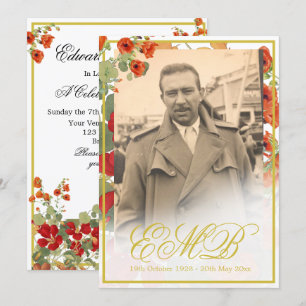 Funeral Memorial Photo Floral Gold Celebration  Invitation