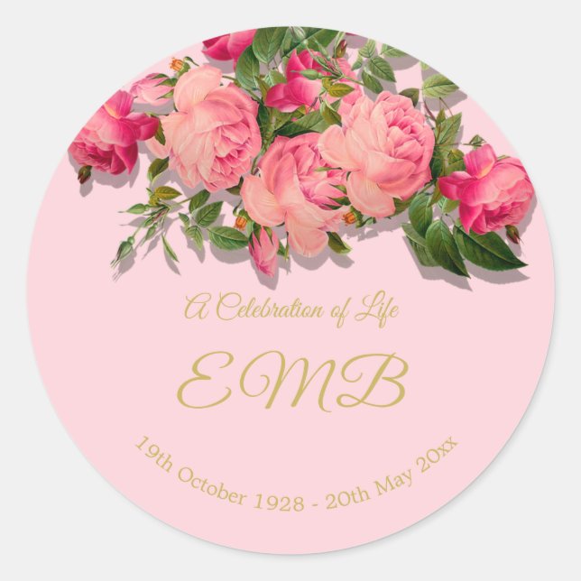 Funeral Memorial  Pink Roses Celebration of Life Classic Round Sticker (Front)
