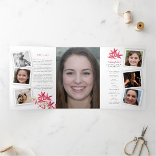 Funeral memorial program red jewel orchid flower Tri-Fold invitation