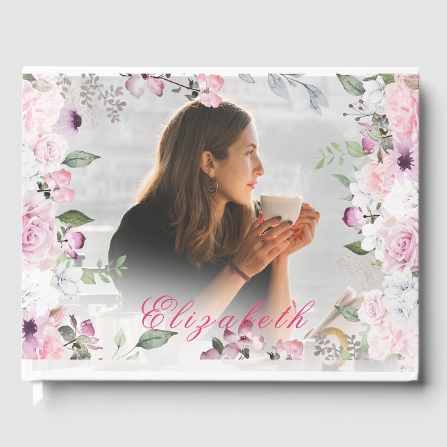 Funeral Memorial Roses White Overlay Photo Simple  Guest Book (Front)