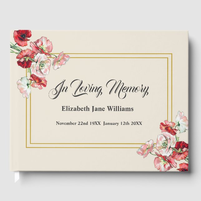 Funeral Memorial | Watercolor Poppies Guest Book (Front)