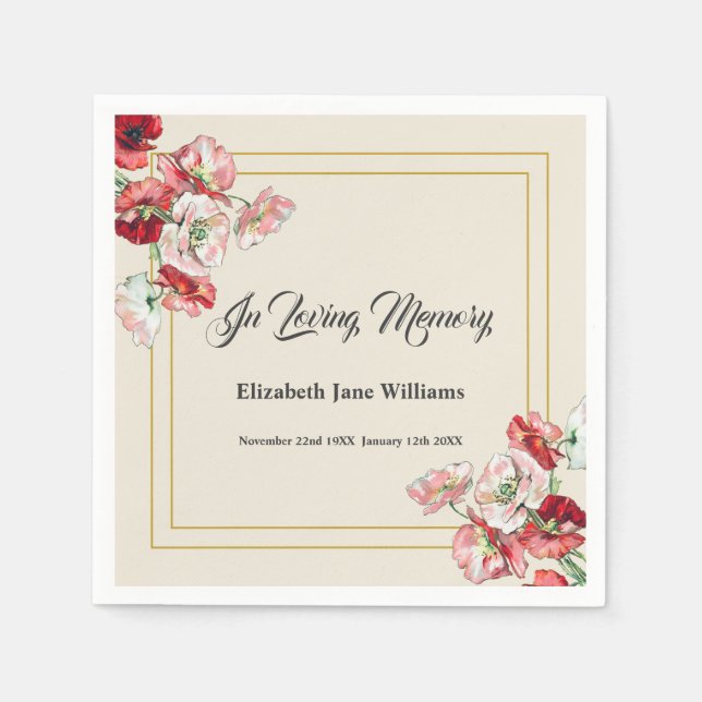 Funeral Memorial | Watercolor Poppies Napkin (Front)