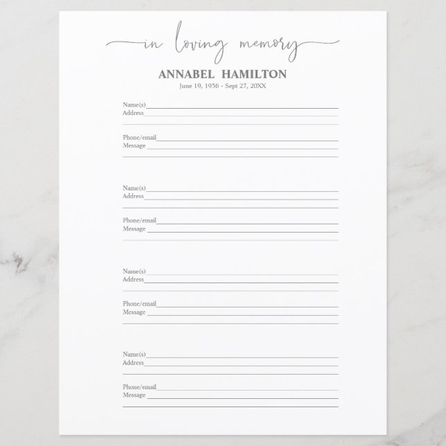 Funeral Or Memorial Guest Book Filler Page (Front)