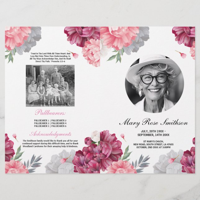 Funeral Order of Service Life White Pink Floral Flyer (Front)