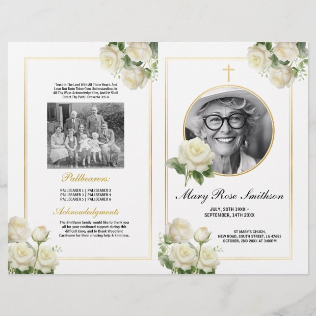 Funeral Order of Service Life White Roses Floral Flyer (Front)