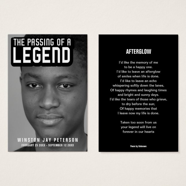 Funeral passing of a legend modern text poem card (Front & Back)