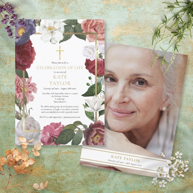 Funeral Photo Celebration of Life Rose Floral Invitation (Creator Uploaded)