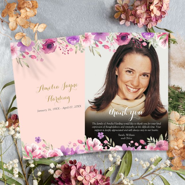 Funeral Photo Floral Blush Pink Thank You Card (Funeral Photo Floral Blush Pink Thank You Card)