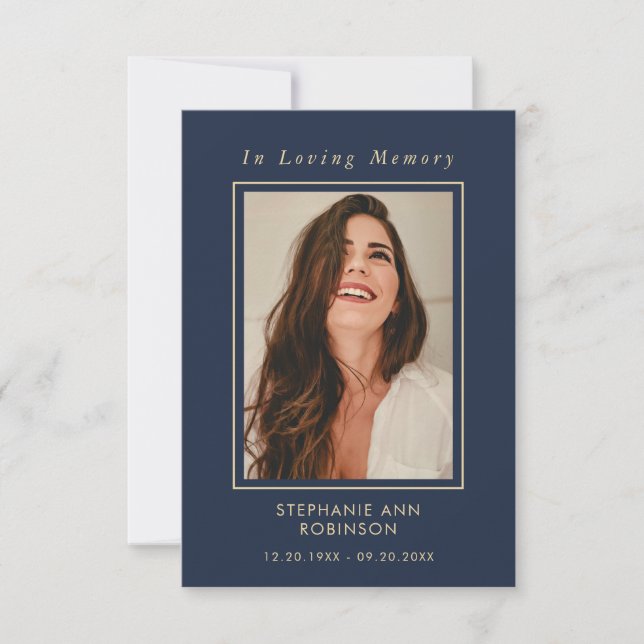 Funeral Photo Memorial Blue Gold Script  Card (Front)