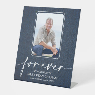 Funeral Photo Memorial Denim Forever in our Hearts Pedestal Sign