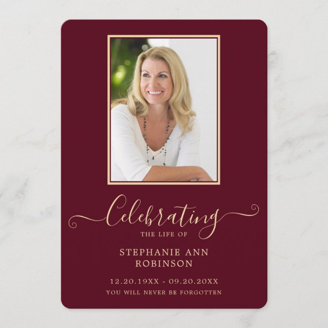 Funeral Photo Order of Service Burgundy Gold Program (Front)