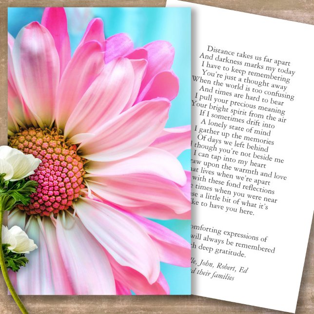 Funeral Pink Daisy Memorial Prayer Sympathy Cards (Forever in our hearts, celebration of life, in loving memory of, prayer cards for bereavement)