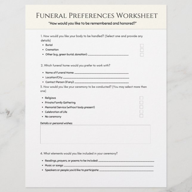  Funeral Preferences Worksheet Letterhead (Front)