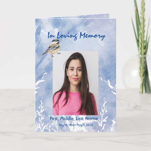 Funeral Program Custom Chickadee Blue winter (Front)