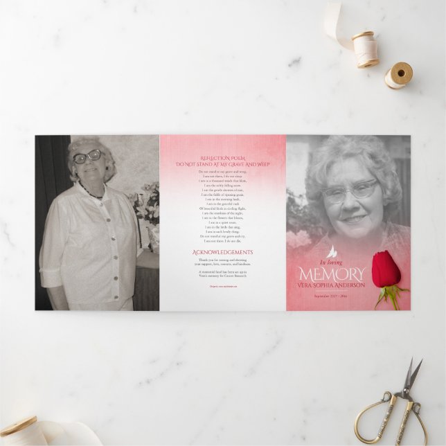 Funeral program order of service red rose Tri-Fold programme (Outside)