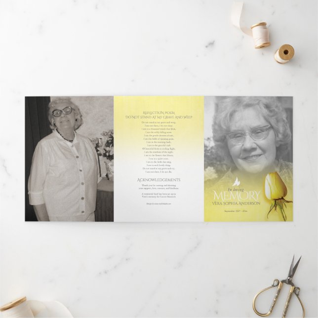 Funeral program order of service yellow rose Tri-Fold programme (Outside)