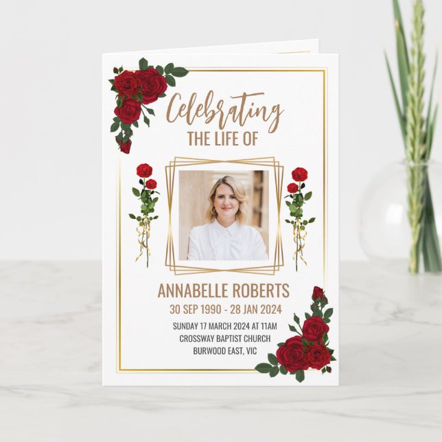 Funeral Program - Red Roses And Golden Border  (Front)