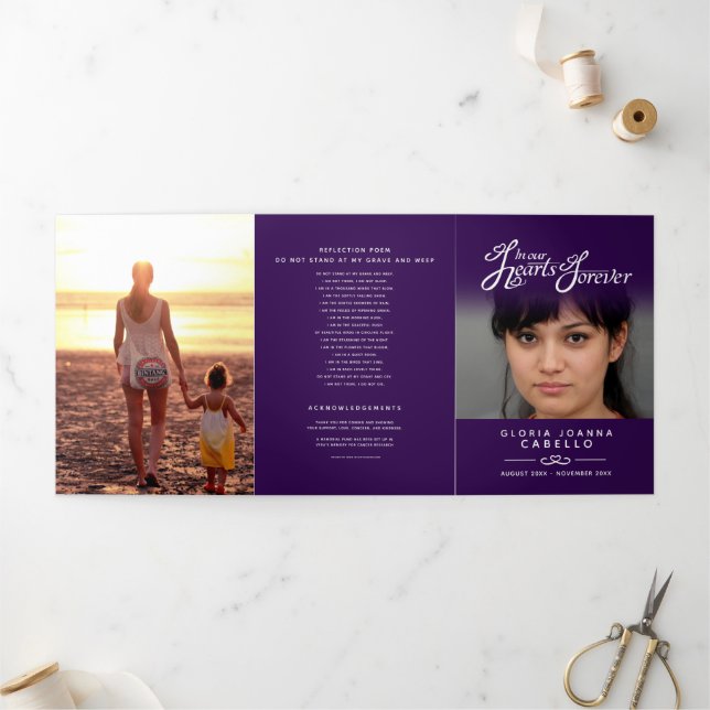 Funeral program service in our hearts dark purple Tri-Fold programme (Outside)