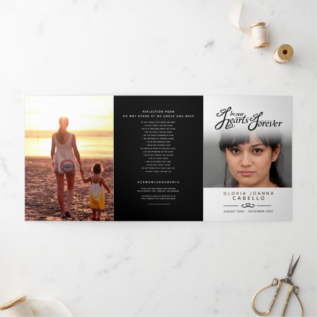 Funeral program service in our hearts white black Tri-Fold programme (Outside)