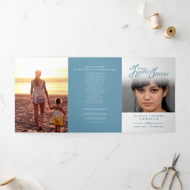Funeral program service in our hearts white blue Tri-Fold programme (Outside)
