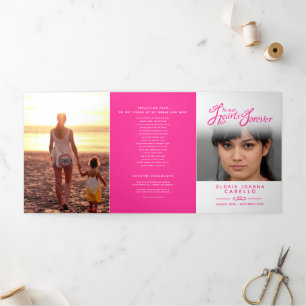 Funeral program service in our hearts white pink Tri-Fold programme