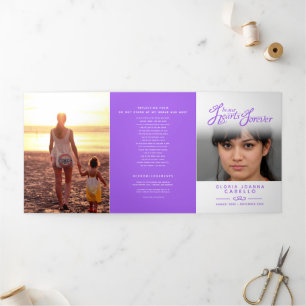 Funeral program service in our hearts white purple Tri-Fold programme