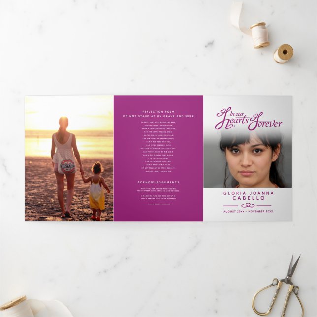 Funeral program service in our hearts white purple Tri-Fold programme (Outside)