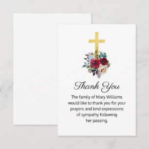 Funeral Religious Gold Cross Floral Thank You Card