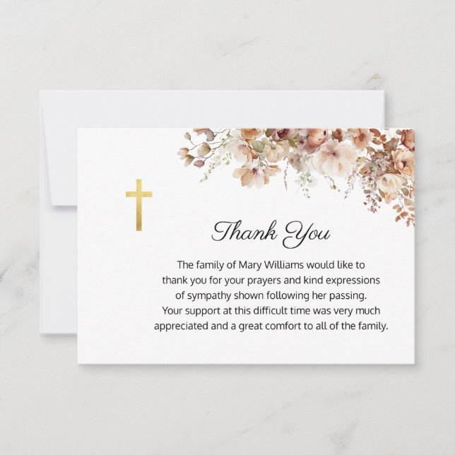 Funeral Religious Memorial Floral Cross Thank You Card (Front)