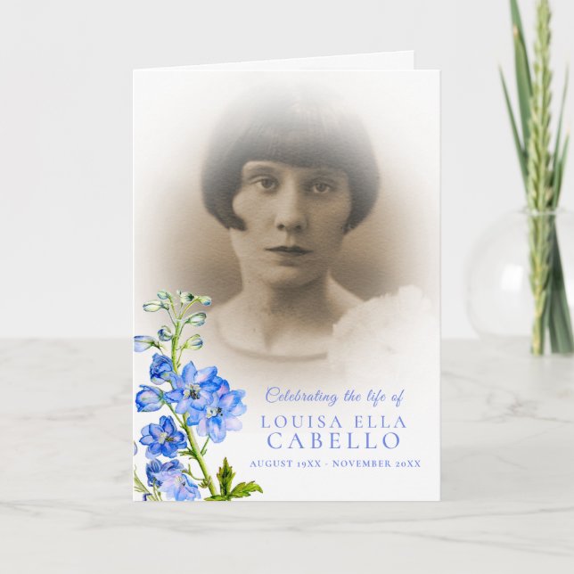 Funeral service program blue delphinium photos (Front)