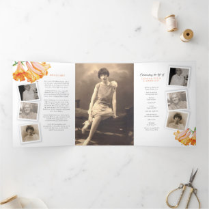 Funeral service program orange lily photo 6pp Tri-Fold programme