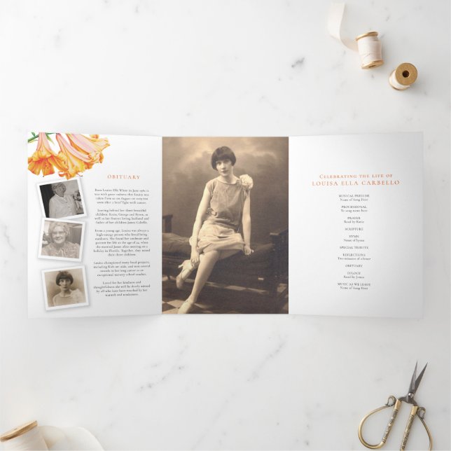 Funeral service program orange lily photo 6pp Tri-Fold programme (Inside)