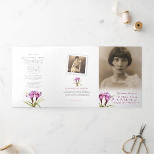 Funeral service program purple crocus watecolor Tri-Fold invitation