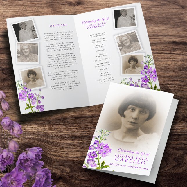 Funeral service program purple delphinium photos (Creator Uploaded)