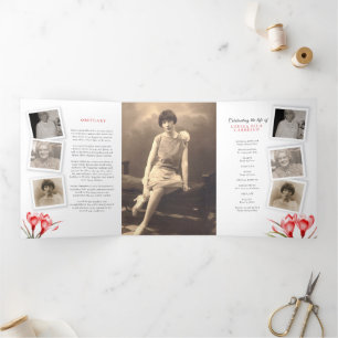 Funeral service program red orange crocus art Tri-Fold invitation