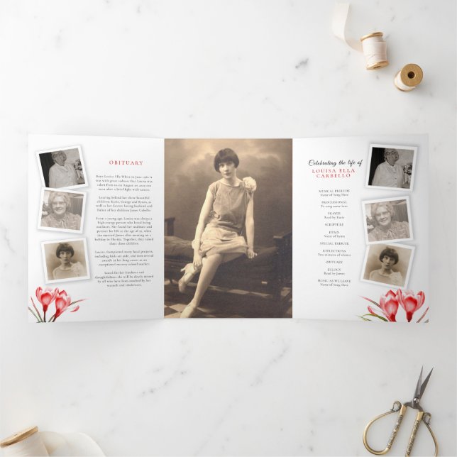 Funeral service program red orange crocus art Tri-Fold invitation (Inside)