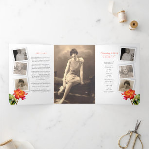 Funeral service program striped rose red yellow Tri-Fold invitation