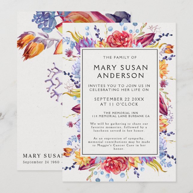 Funeral Succulents Celebration of Life Invitation (Front/Back)