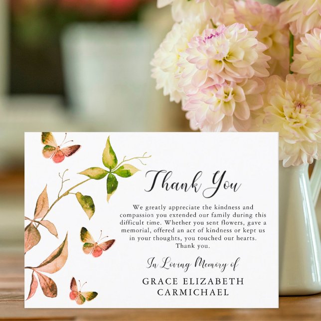 Funeral Thank You Butterfly Botanical Watercolor Card (Creator Uploaded)
