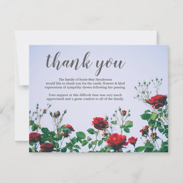 Funeral Thank You Note | Sympathy Red Roses Card (Front)