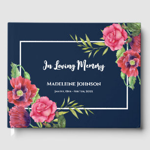 Funeral Watercolor Red and Pink Flowers Navy Blue Guest Book